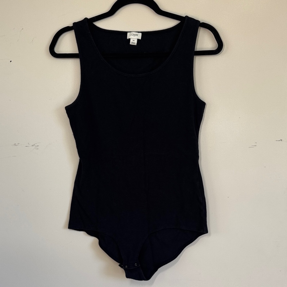 J Crew Black Scoop Neck Tank Bodysuit‎ Medium Ribbed Snap VGUC Fitted Sleeveless